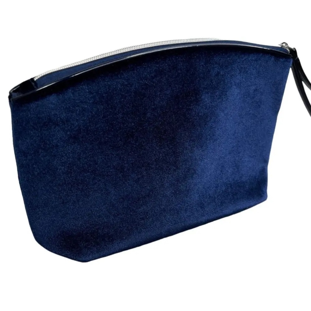 Lancome Navy Blue Velvet Makeup Cosmetic Bag Zipper Top Wristlet Strap